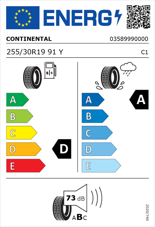 Tyre Label for Continental ContiSportContact 5 P 255/30R19 91Y