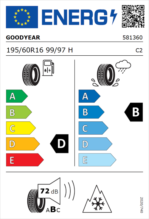 Tyre Label for Goodyear Vector 4Seasons Cargo 195/60R16 99/97H