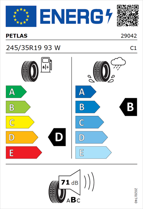 Tyre Label for Petlas Velox Sport PT741 245/35R19 93W